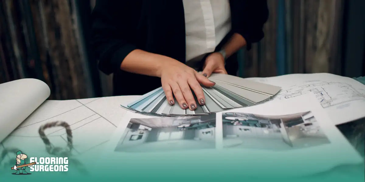Interior designer reviewing flooring samples and blueprints, emphasizing thoughtful choices over fleeting trends.