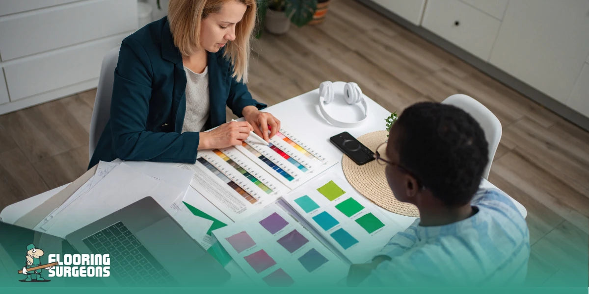 Interior designers reviewing colour swatches and room palette samples before choosing wall and flooring colours