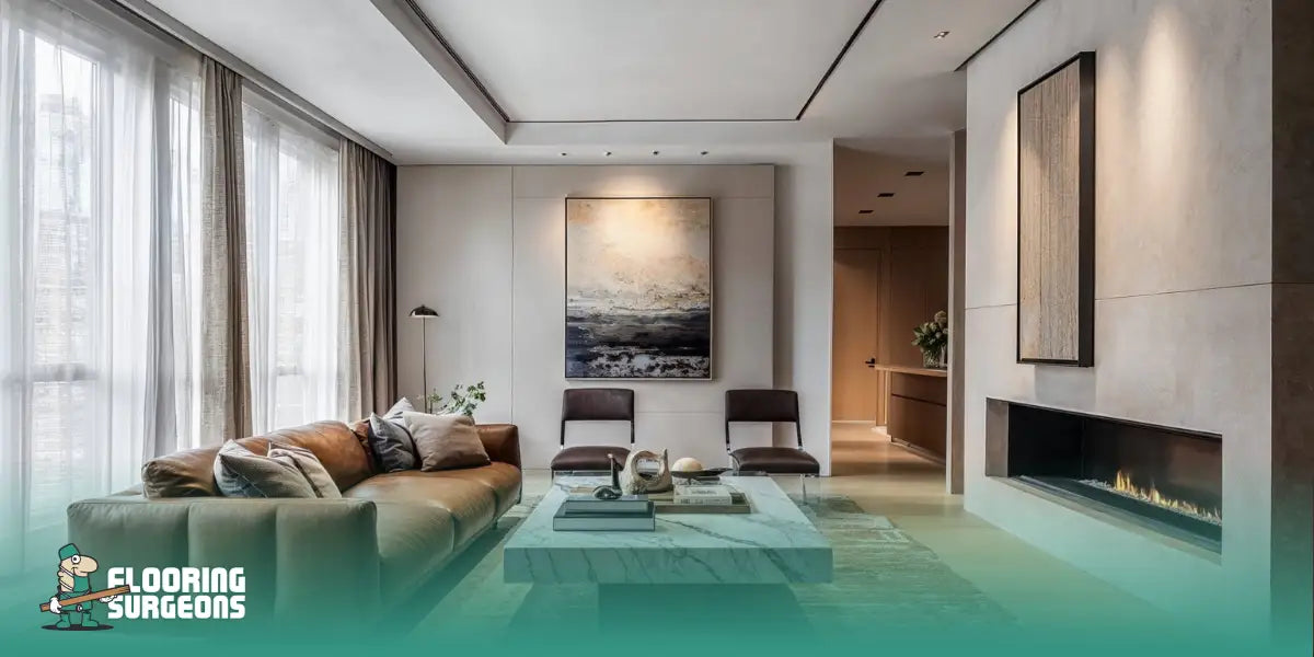 Modern living room showcasing layering in interior design with engineered wood flooring, neutral tones, textured sofa, soft curtains, wall art, and built-in fireplace for depth and warmth.