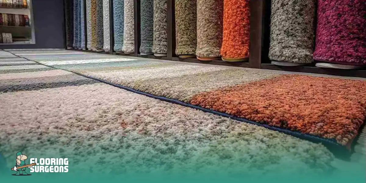 Loop pile carpet samples in showroom compared with other flooring types