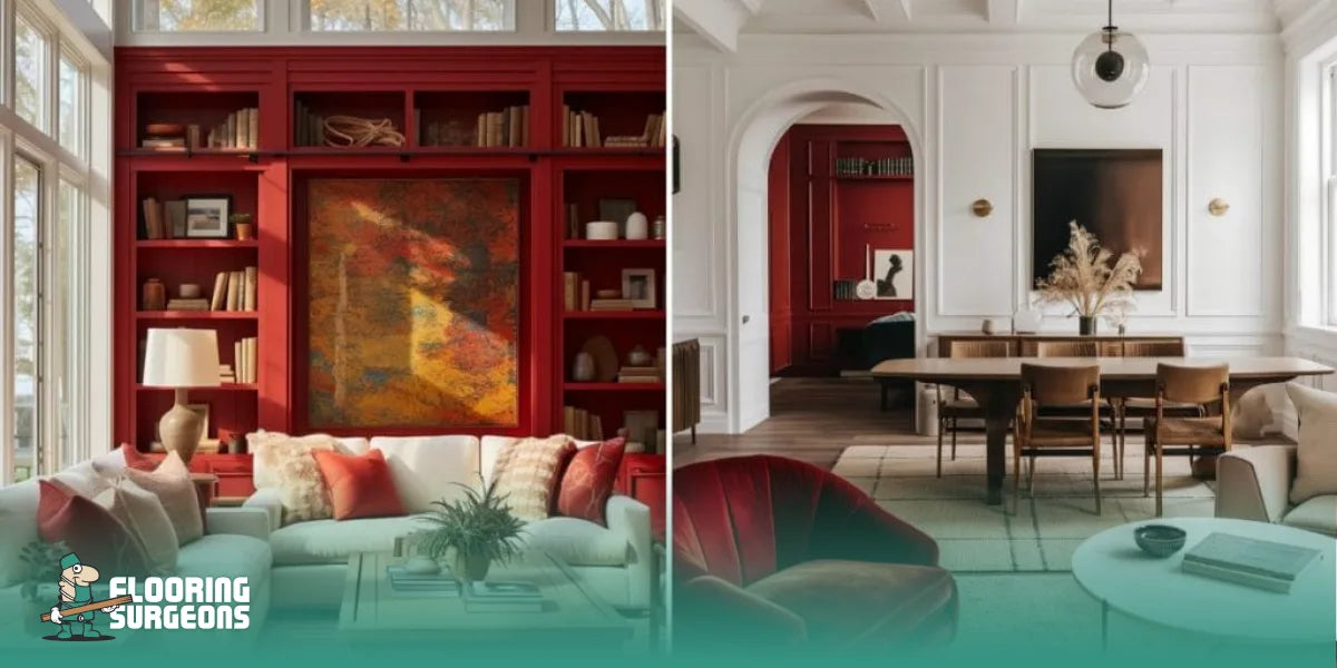 Red wall living room with built-in shelving and light wood flooring, showing a balanced colour palette that keeps the space warm and cohesive.