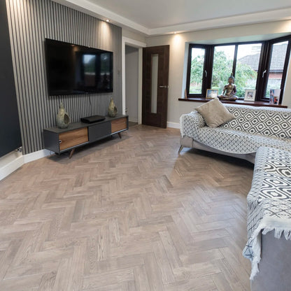 Sterling Silver Oak 80mm Engineered Herringbone – laid in a living room