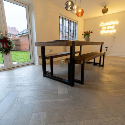 Grey Brushed Oak 150mm Engineered Herringbone – laid in a kitchen (2)