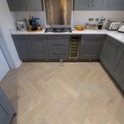 Grey Brushed Oak 150mm Engineered Herringbone – laid in a kitchen (3)