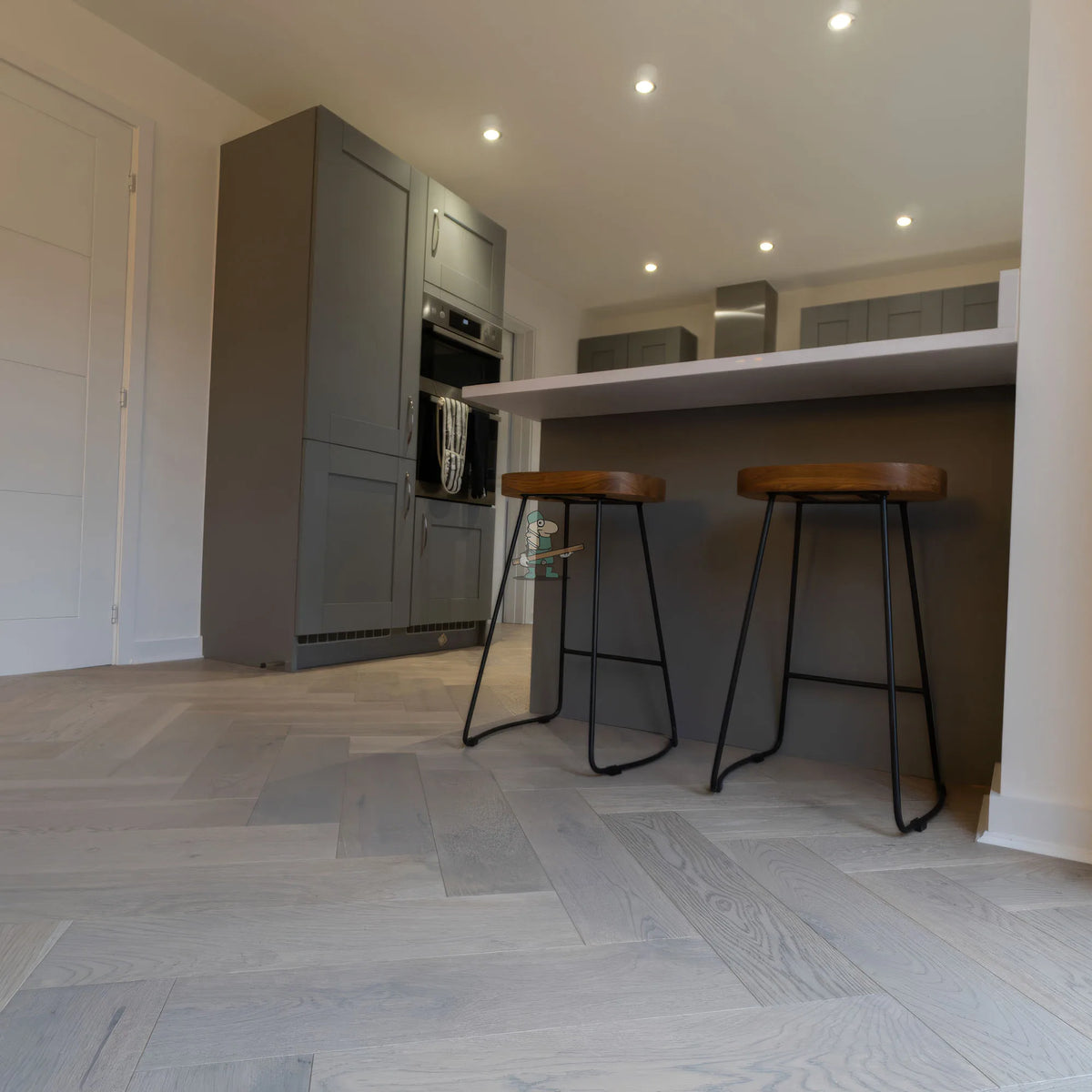 Grey Brushed Oak 150mm Engineered Herringbone – laid in a kitchen (4)