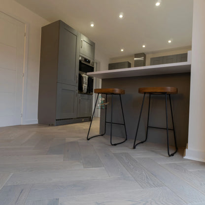 Grey Brushed Oak 150mm Engineered Herringbone – laid in a kitchen (4)