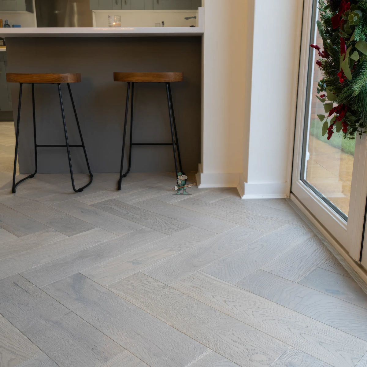 Grey Brushed Oak 150mm Engineered Herringbone – laid in a kitchen (5)