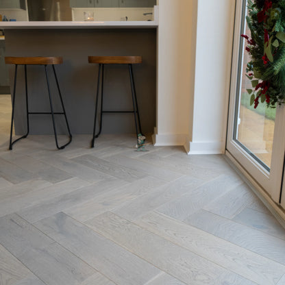 Grey Brushed Oak 150mm Engineered Herringbone – laid in a kitchen (5)