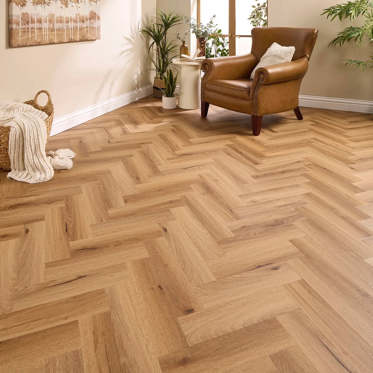 Madrid Oak Herringbone Glue Down LVT – laid in a living room