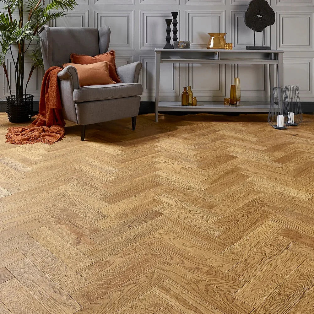Cottage Oak 90mm Engineered Herringbone – laid in a living room