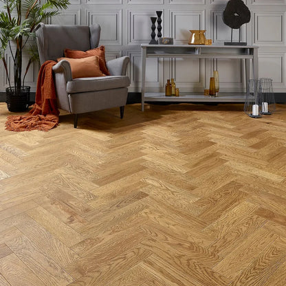 Cottage Oak 90mm Engineered Herringbone – laid in a living room