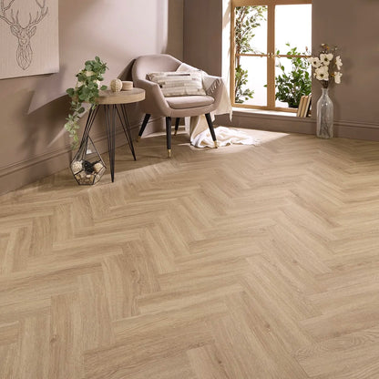 Alicante Oak Herringbone Glue Down LVT – laid in a living room
