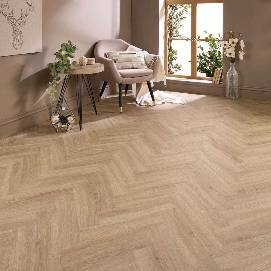 Alicante Oak Herringbone Glue Down LVT – laid in a living room