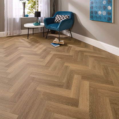 Cordoba Oak Herringbone Glue Down LVT – laid in a living room