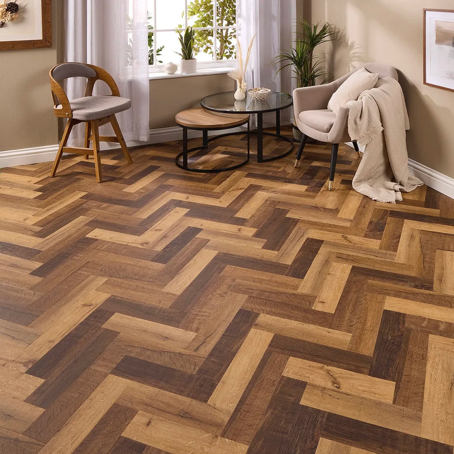 Salamanca Oak Herringbone Glue Down LVT – laid in a living room