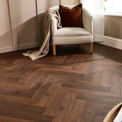 Espresso Oak Herringbone 12mm Laminate – close-up of the surface
