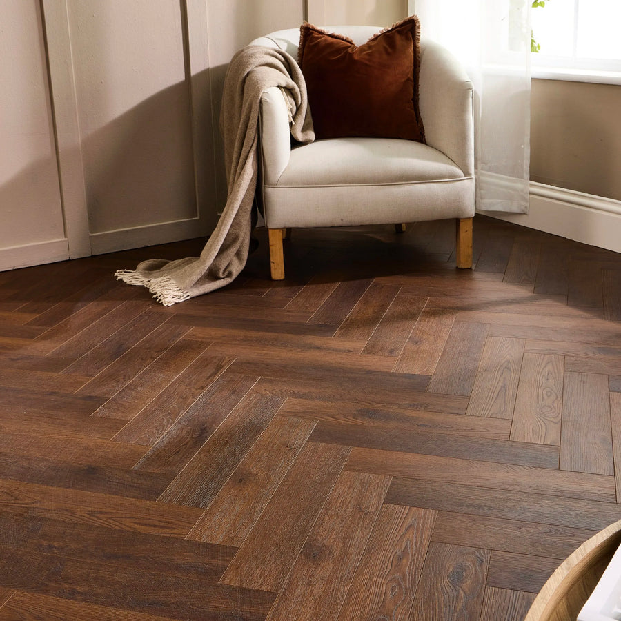 Espresso Oak Herringbone 12mm Laminate – close-up of the surface