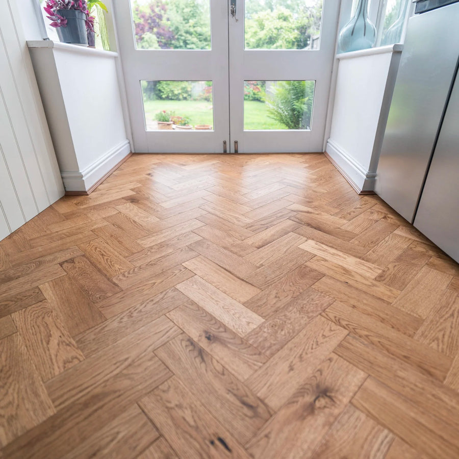 Golden Oak Hand Scraped 90mm Engineered Herringbone – image 1