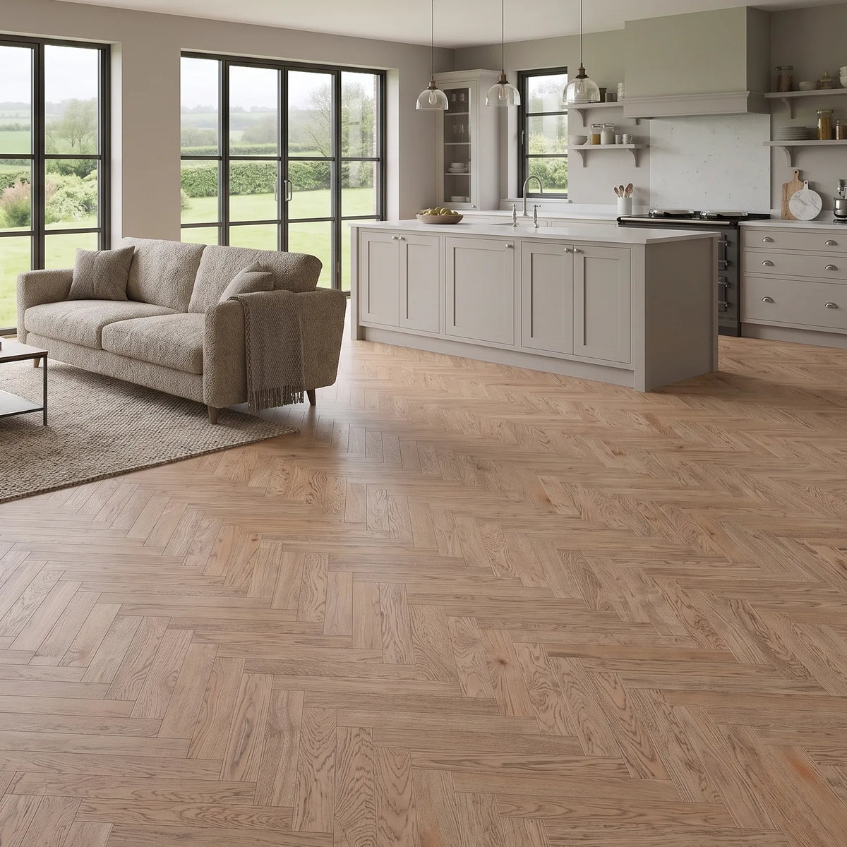 Wheaten Oak 90mm Engineered Herringbone – laid in an open plan kitchen