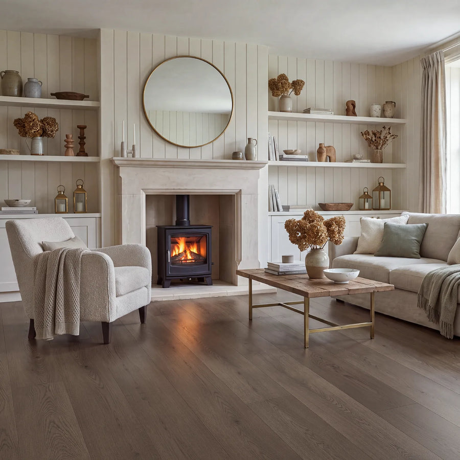 Driftwood Oak Glue Down LVT – laid in a living room