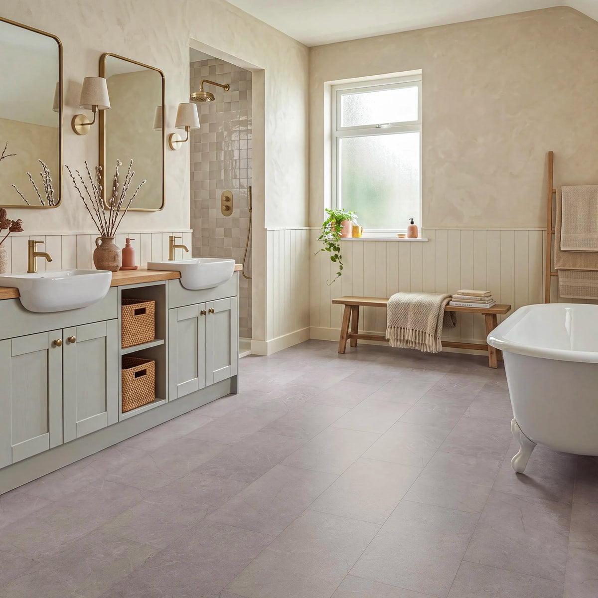 Graphite Tile Effect Glue Down LVT – laid in a bathroom
