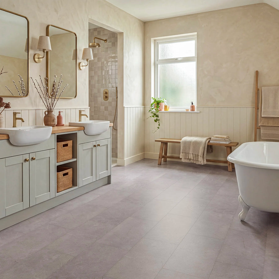 Graphite Tile Effect Glue Down LVT – laid in a bathroom