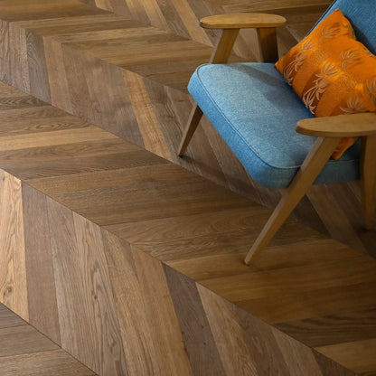 Double Smoked Oak 90mm Engineered Chevron – laid in a living room