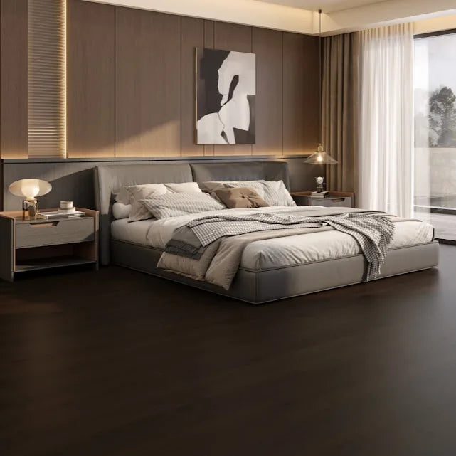 Dark Lacquered Oak 190mm Engineered Plank – laid in a bedroom