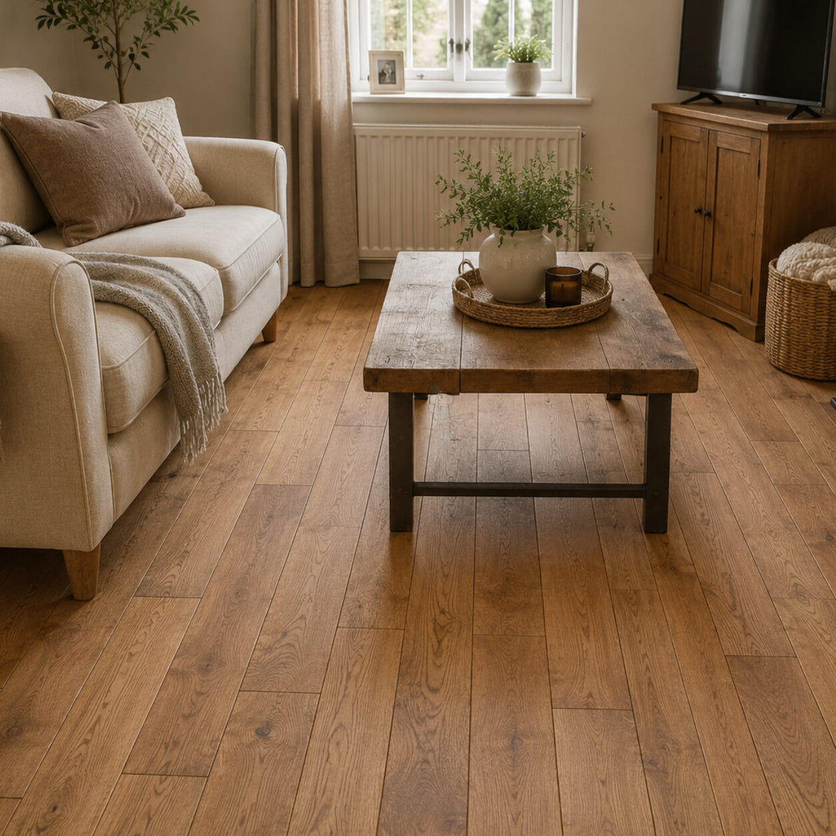 Golden Oak Oiled Hand Scraped 125mm Solid Plank – laid in a living room