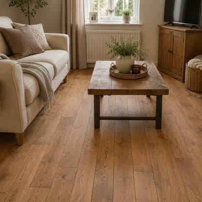Golden Oak Oiled Hand Scraped 125mm Solid Plank – laid in a living room