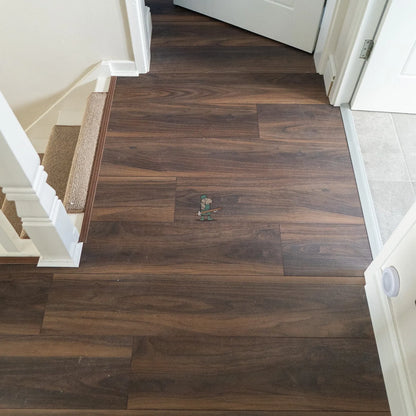 Dark American Walnut 12mm Laminate – laid in a hallway (2)