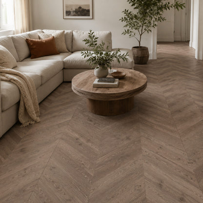 Brown Waxed Haze Oak 90mm Engineered Chevron – laid in a living room