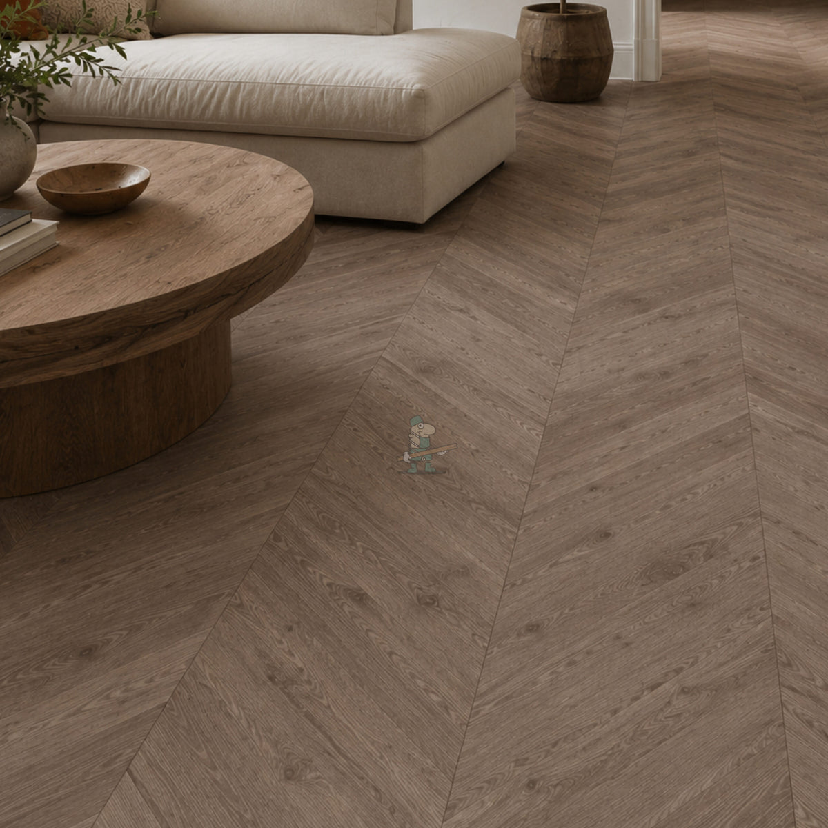 Brown Waxed Haze Oak 90mm Engineered Chevron – laid in a living room (2)