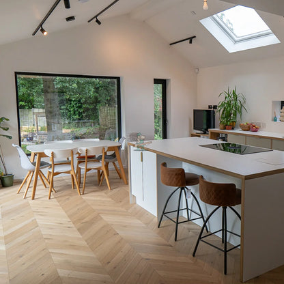 Cotton Invisible Oak 90mm Engineered Chevron – laid in an open plan kitchen