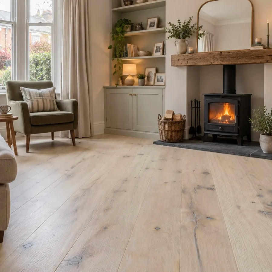 Distressed White Oak 220mm Engineered Plank – laid in a living room