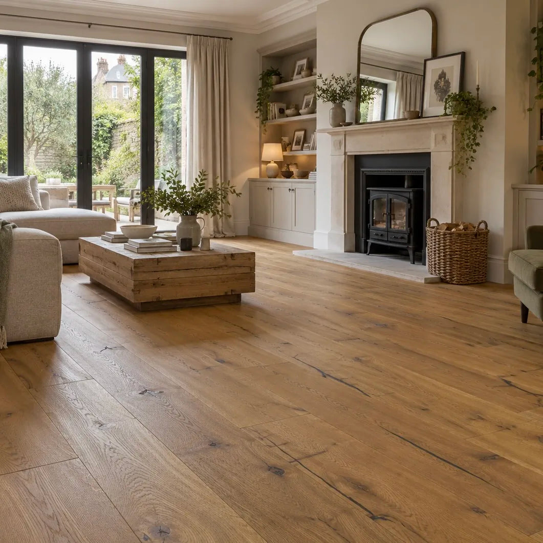 Distressed Golden Oak 220mm Engineered Plank – laid in a living room