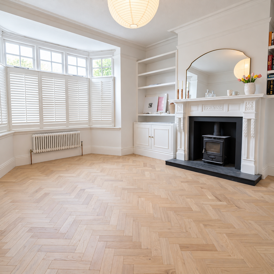 Scandi Oak 80mm Engineered Herringbone – laid in a bright living room with a bay window and fireplace