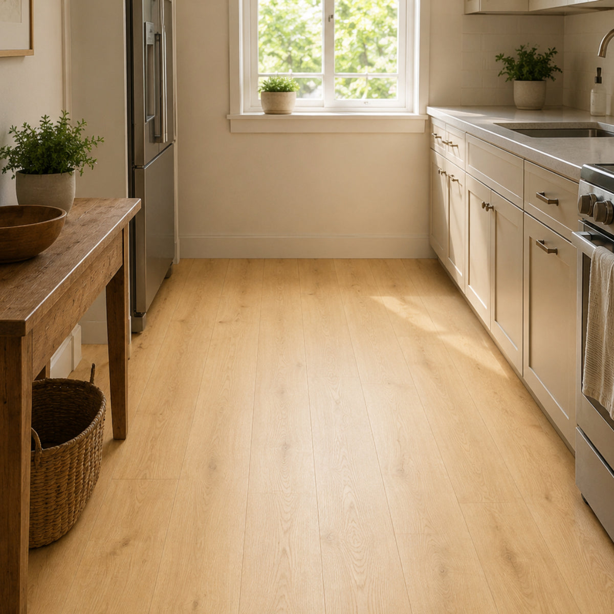 Biscuit Oak 12mm Laminate – laid in a kitchen
