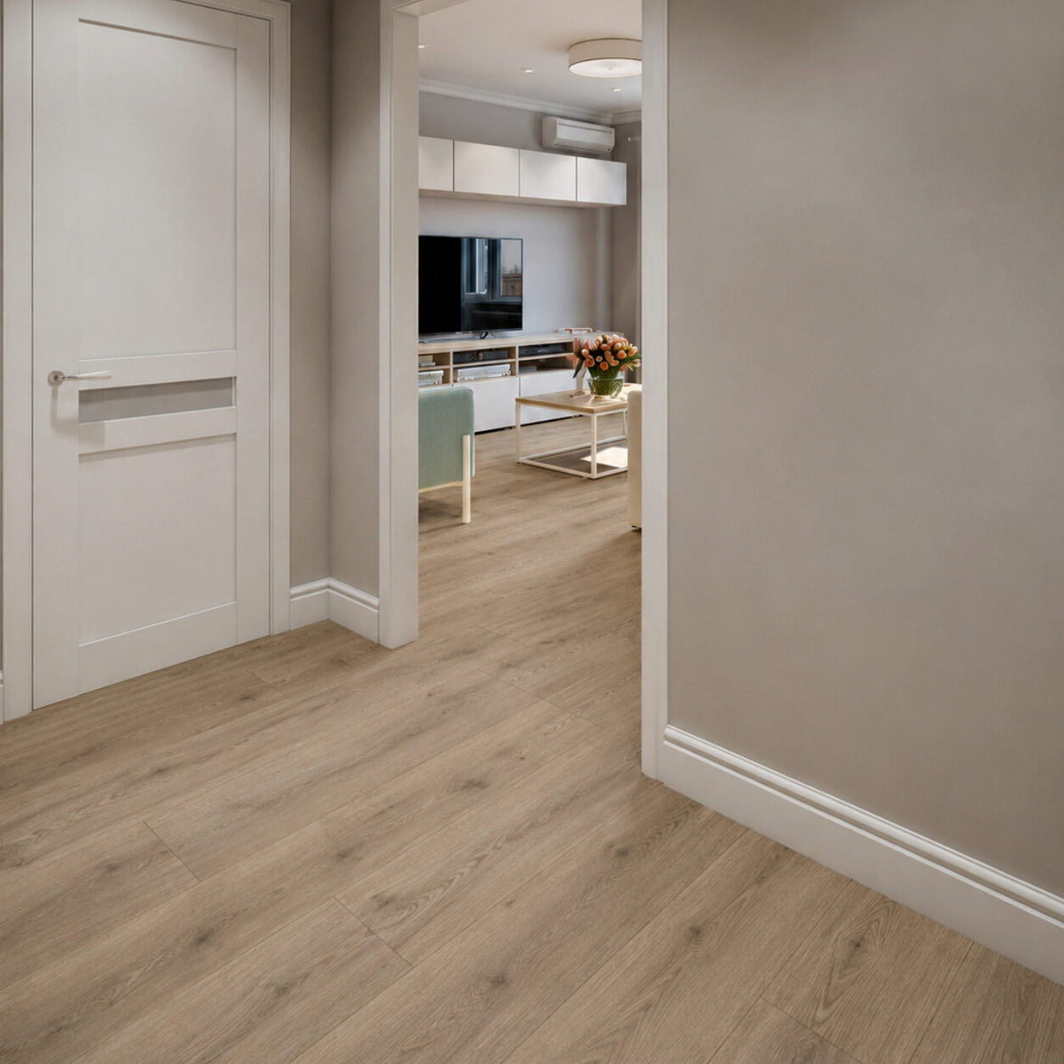 Malted Grey Oak 12mm Laminate – laid in a living room
