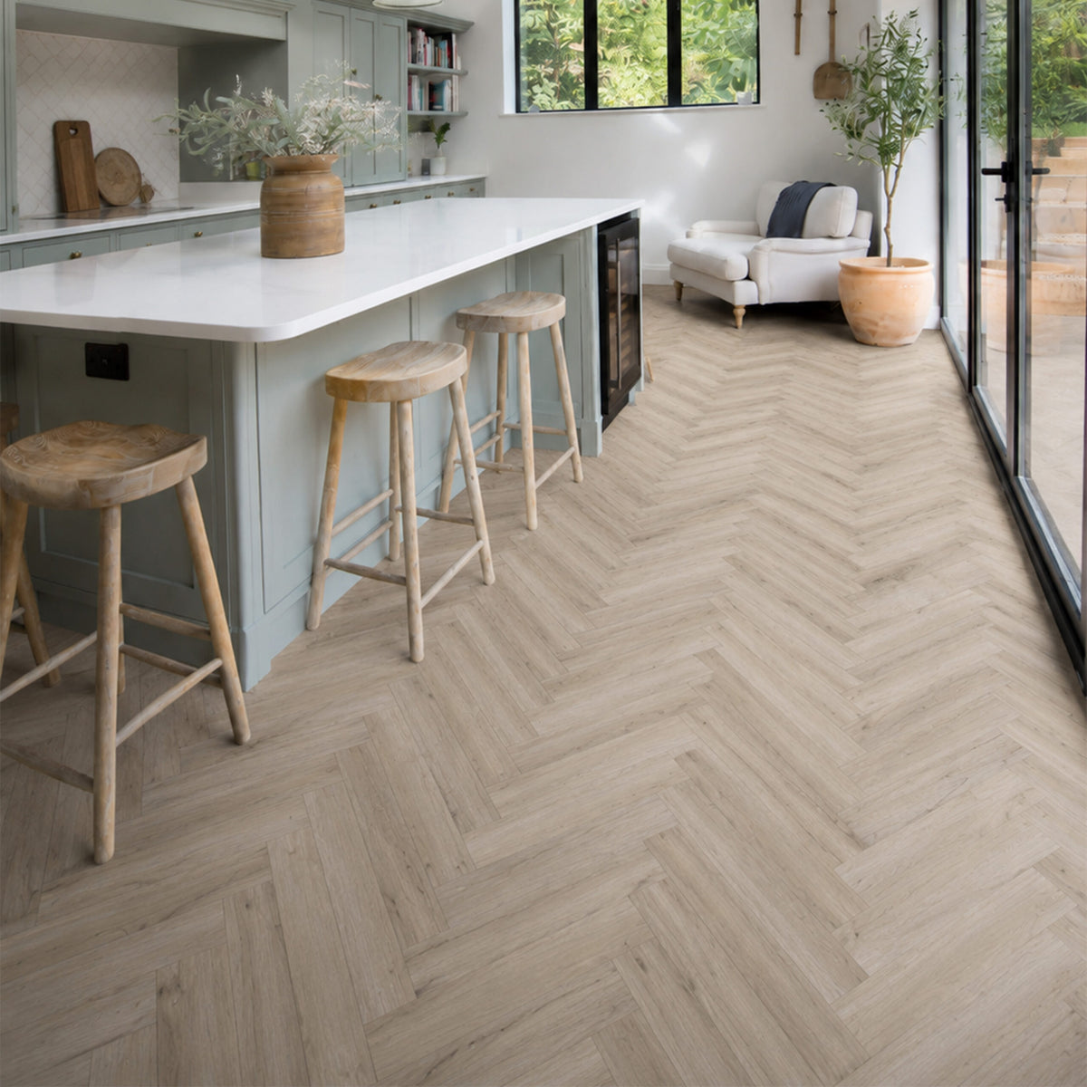 Malted Grey Oak Herringbone 12mm Laminate – laid in a kitchen