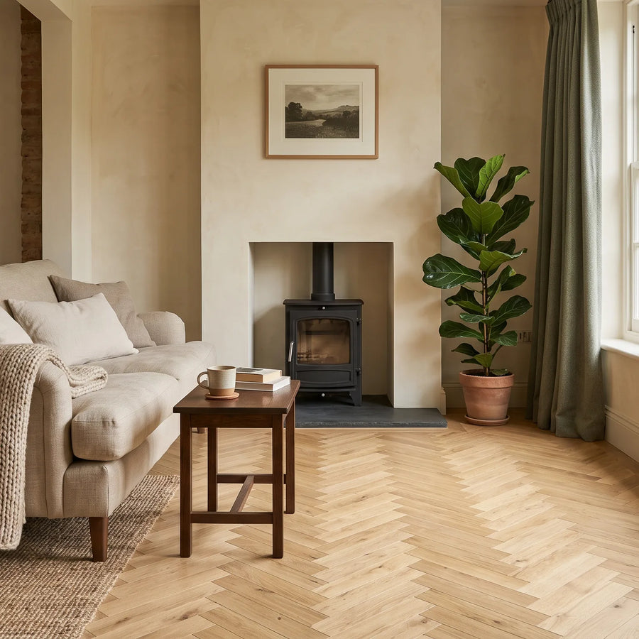 Seashell Light Oak 90mm Solid Herringbone – laid in a living room