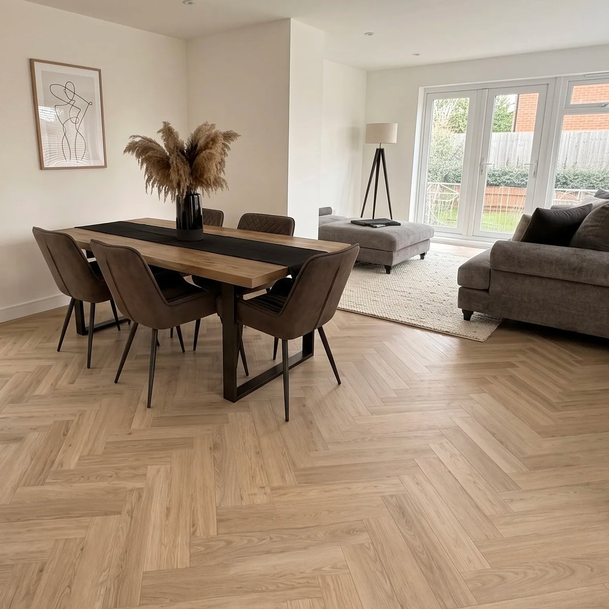 Unfinished Oak 90mm Solid Herringbone – laid in a living room