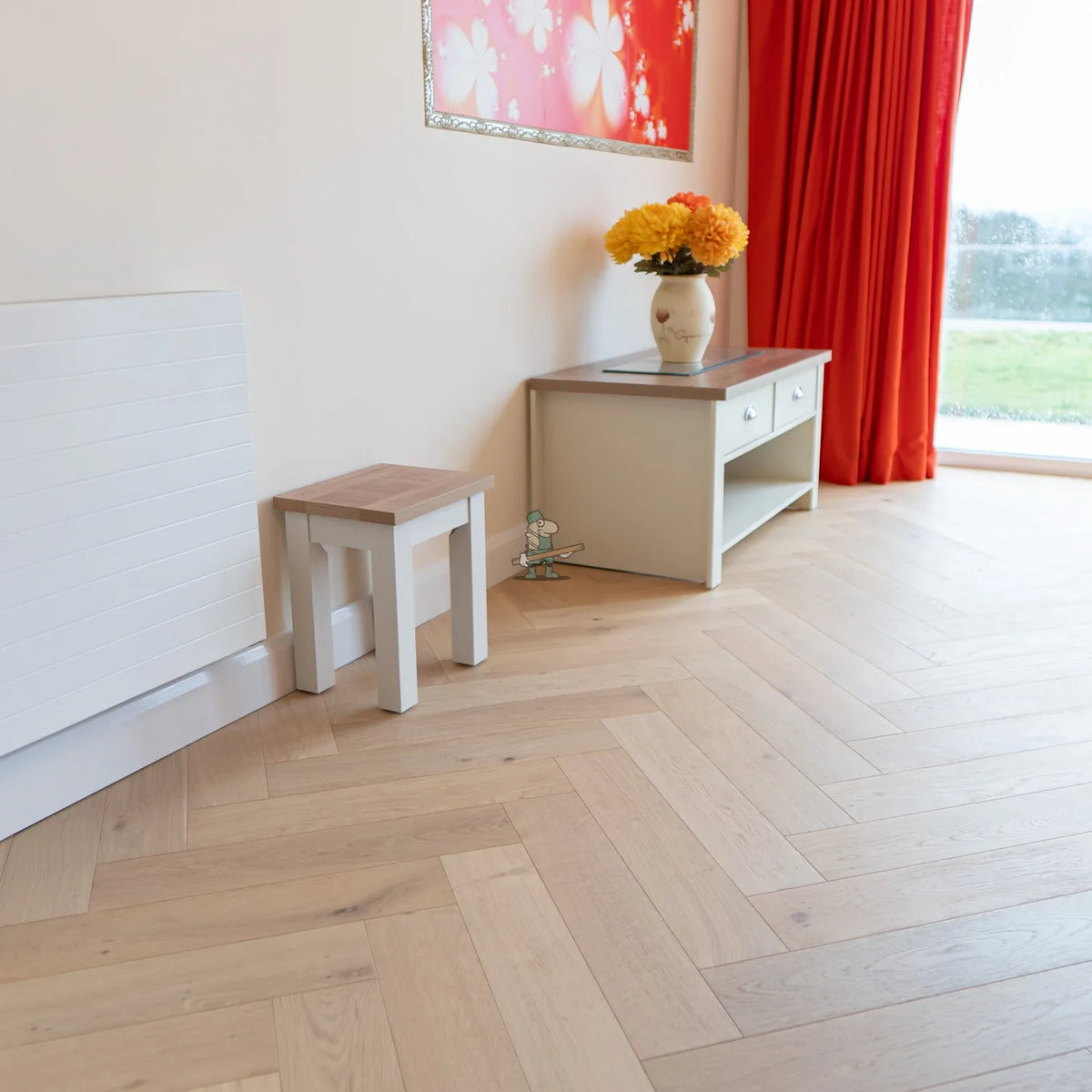 Pale Invisible Oak 125mm Engineered Herringbone – laid in a living room (3)