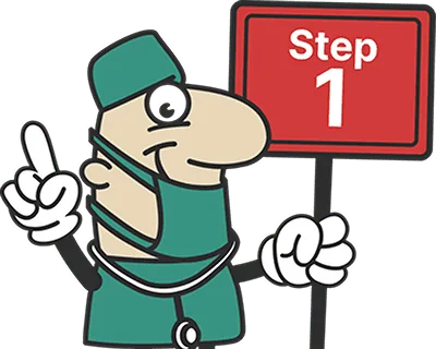 Surgeon mascot holding a Step 1 sign