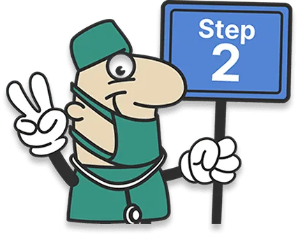 Surgeon mascot holding a Step 2 sign