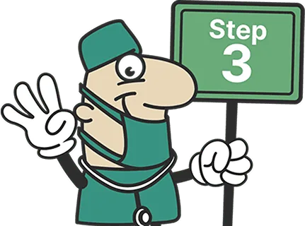 Surgeon mascot holding a Step 3 sign