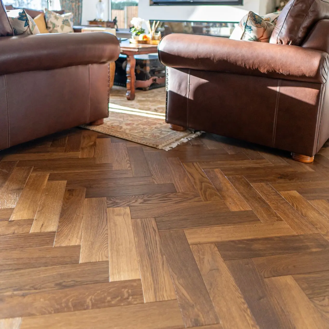 Riviera 14/3 x 90mm Double Smoked Oak Herringbone Engineered Wood Flooring in Living Room
