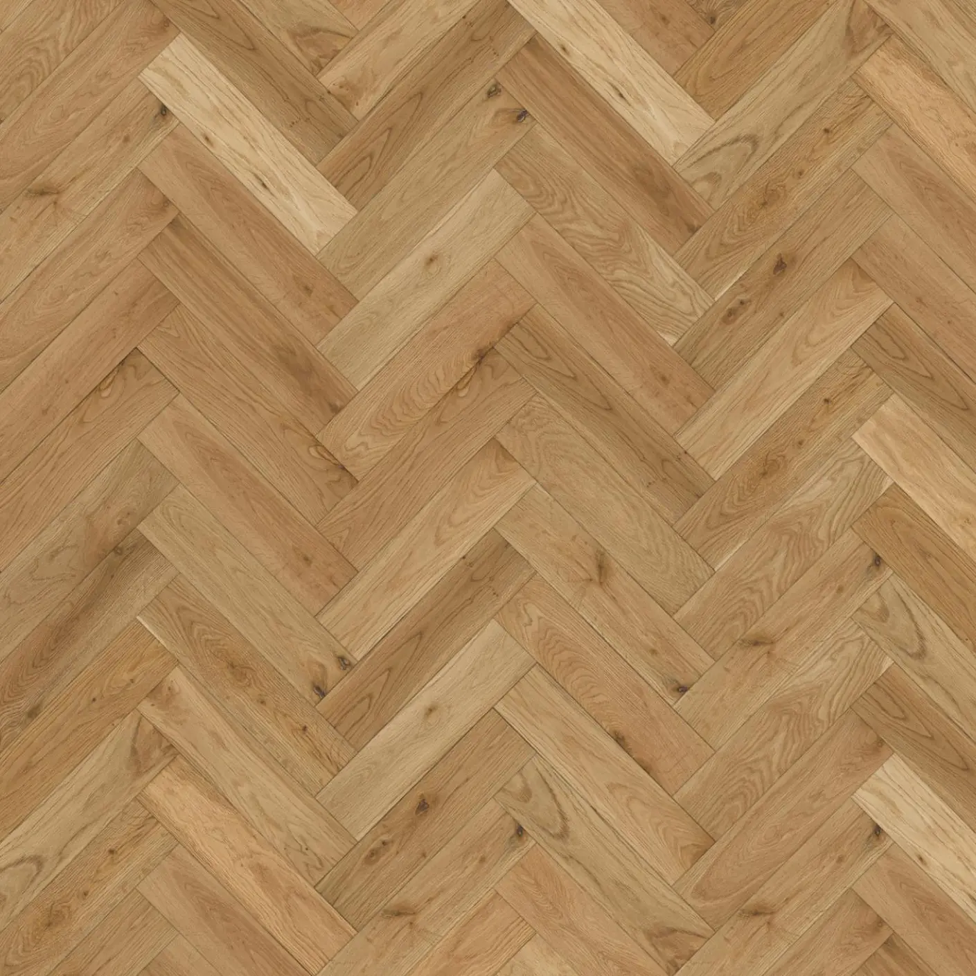 Natural Oak Heritage Herringbone flooring with a lacquered finish, offering timeless style and lasting durability.