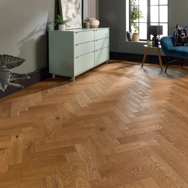 Parquet 18 x 90mm Smoked Golden Oak Herringbone Solid Wood Flooring