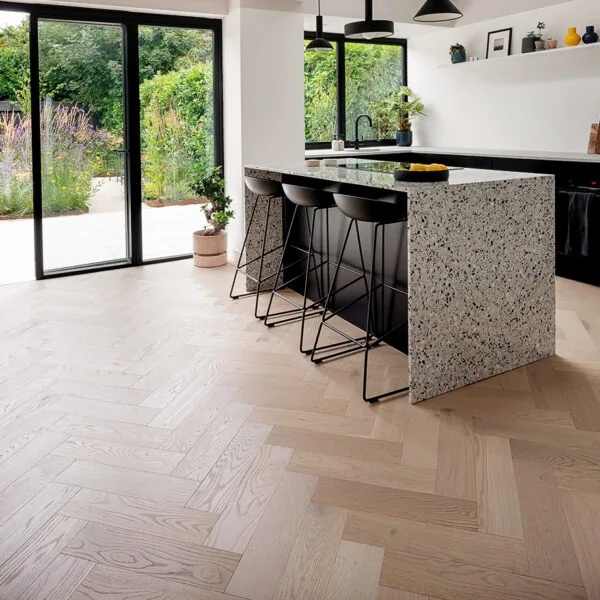 Riviera Prime Click 14/3 x 150mm Pale Invisible Oak Herringbone Engineered Wood Flooring